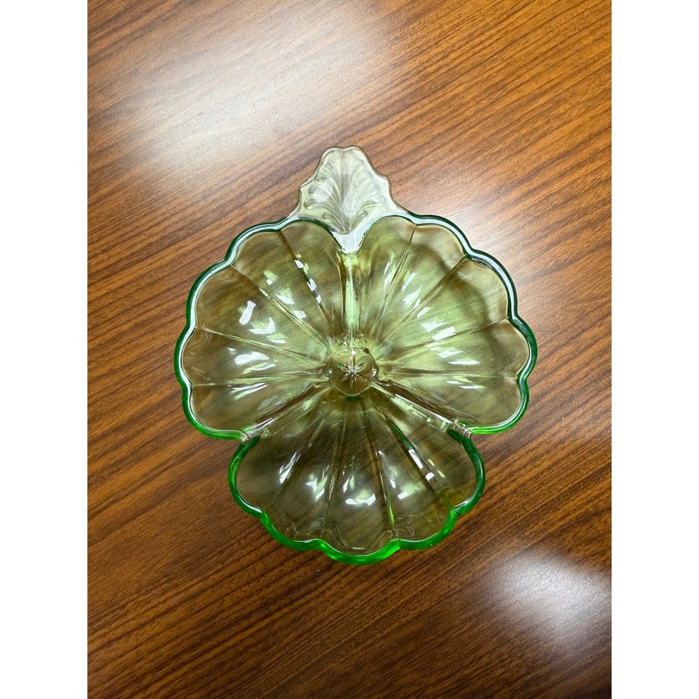 Vintage Green Uranium Glass Divided Clover Candy Dish UV Reactive Scalloped 7.5"